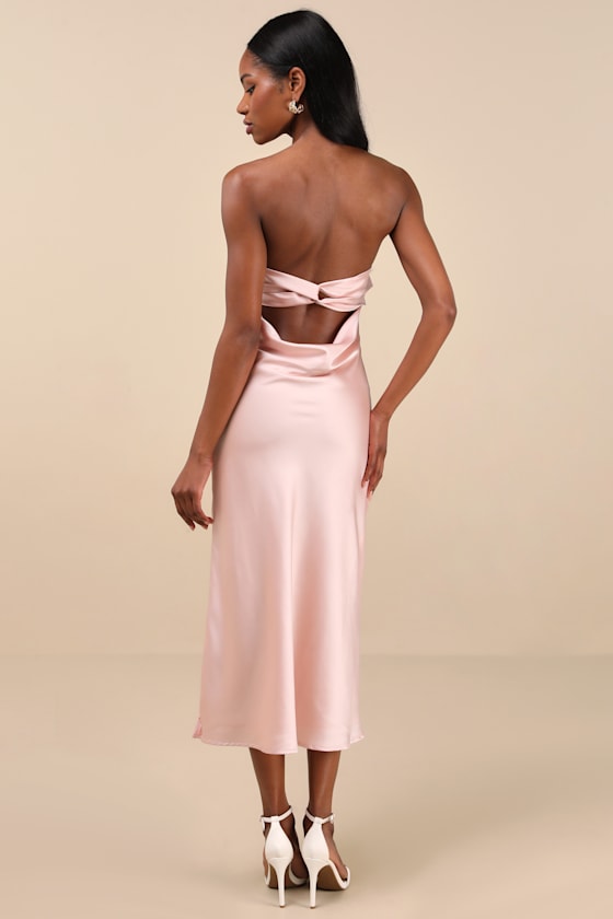 Lulus Effortless Bliss Blush Pink Satin Strapless Cowl Back Midi Dress In Blush Pink