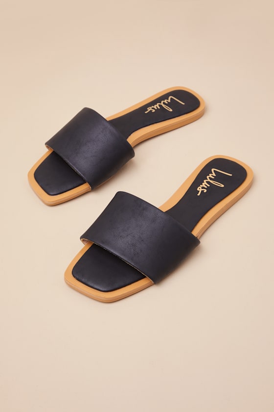 Lulus Brenner Black Flat Square-toe Slide Sandals In Black