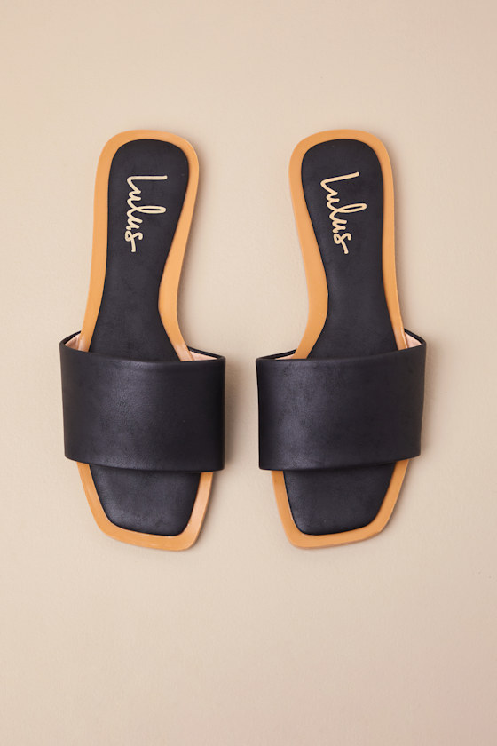 Brenner Black Flat Square-Toe Slide Sandals