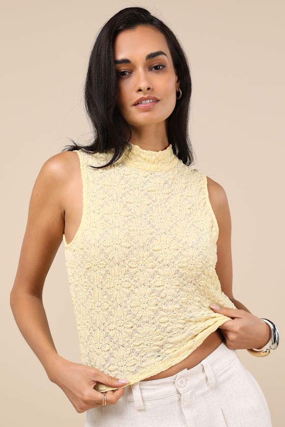 LULUS FLAWLESS INSTINCT YELLOW TEXTURED LACE MOCK NECK TOP