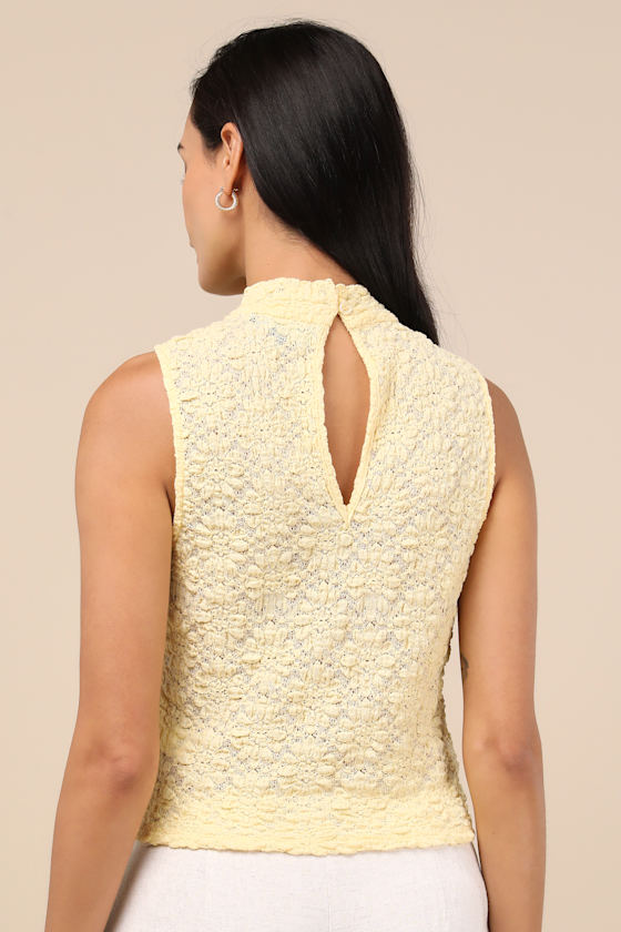 LULUS FLAWLESS INSTINCT YELLOW TEXTURED LACE MOCK NECK TOP