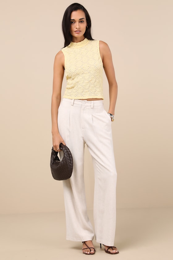 LULUS FLAWLESS INSTINCT YELLOW TEXTURED LACE MOCK NECK TOP