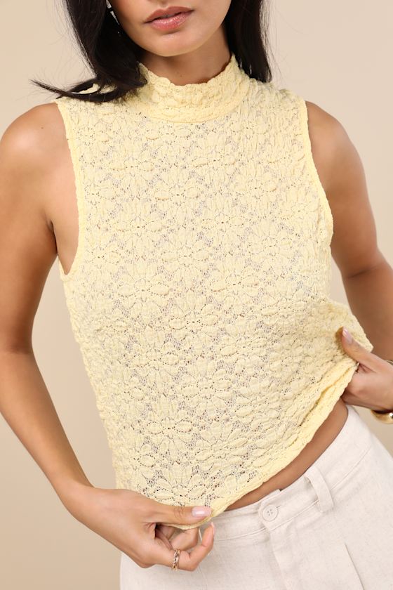 LULUS FLAWLESS INSTINCT YELLOW TEXTURED LACE MOCK NECK TOP