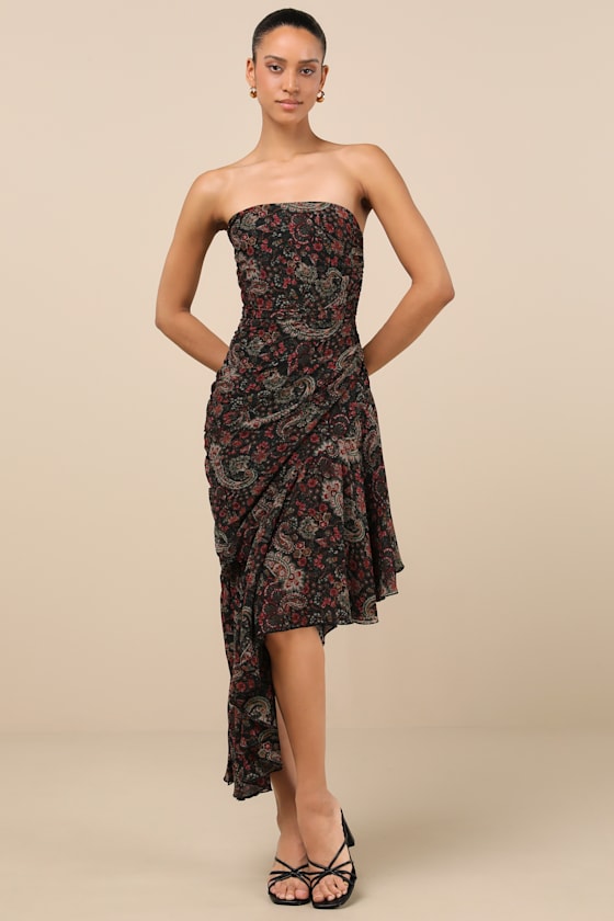 Lulus Leena Black Multi Paisley Asymmetrical Midi Dress In Black