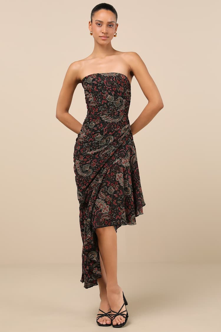 Leena Black Multi Paisley Asymmetrical Midi Dress