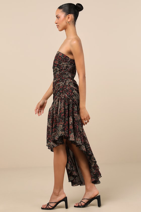 Lulus Leena Black Multi Paisley Asymmetrical Midi Dress In Black
