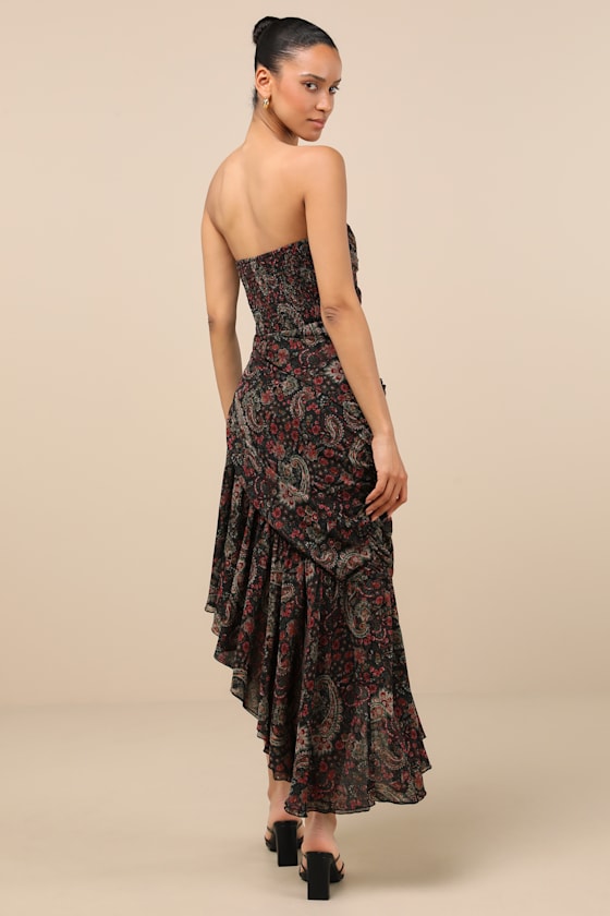 Lulus Leena Black Multi Paisley Asymmetrical Midi Dress In Black