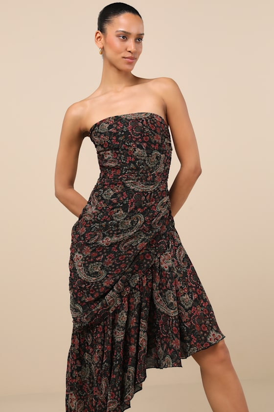 Lulus Leena Black Multi Paisley Asymmetrical Midi Dress In Black