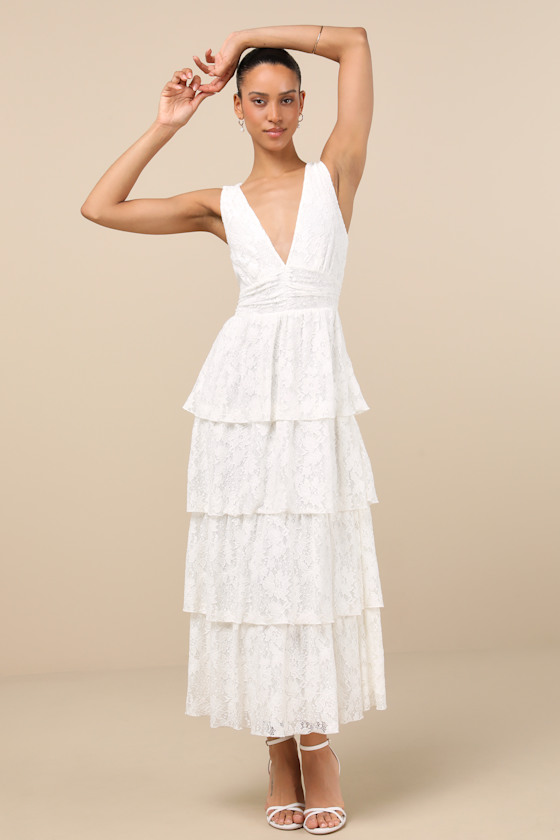 Lulus Ezzie White Lace Tiered Midi Dress In White
