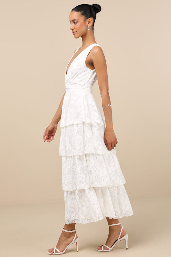 Lulus Ezzie White Lace Tiered Midi Dress In White