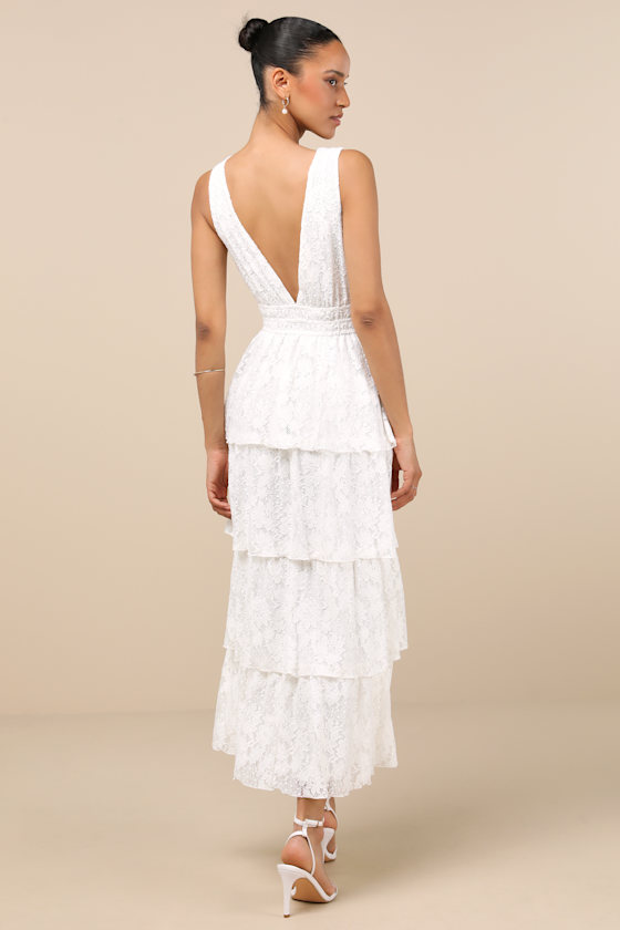 Lulus Ezzie White Lace Tiered Midi Dress In White