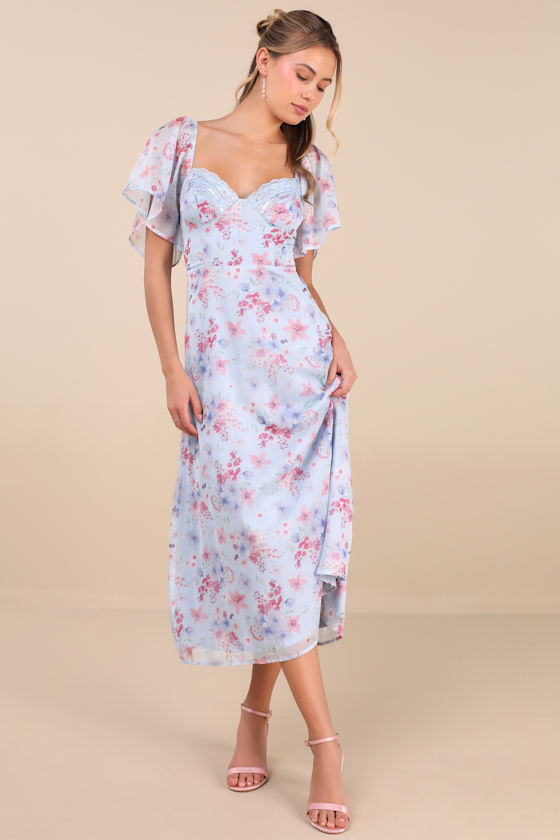 Lulus Valla Light Blue Floral Flutter Sleeve Midi Dress In Light Blue