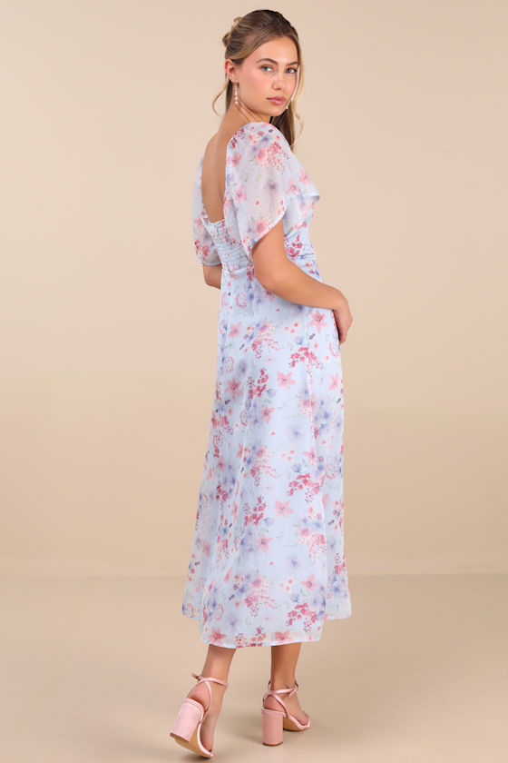 Lulus Valla Light Blue Floral Flutter Sleeve Midi Dress In Light Blue