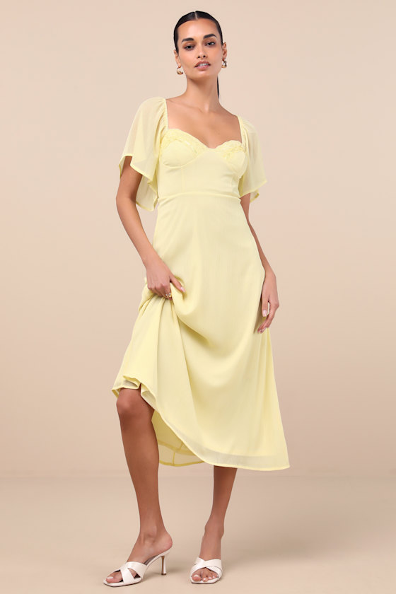 LULUS VALLA LIGHT YELLOW FLUTTER SLEEVE MIDI DRESS