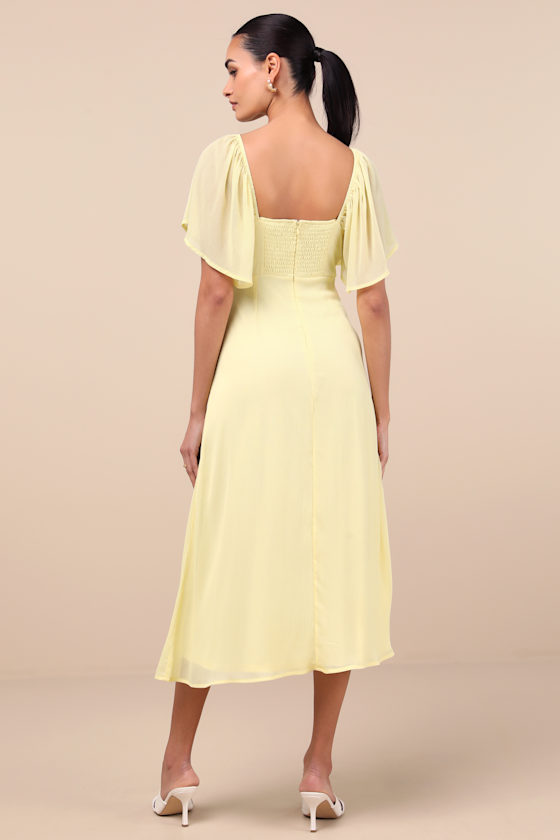 LULUS VALLA LIGHT YELLOW FLUTTER SLEEVE MIDI DRESS