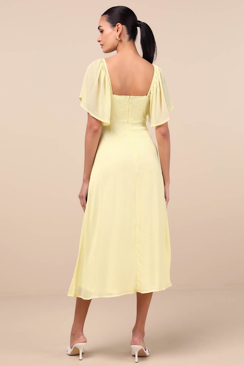 Valla Light Yellow Flutter Sleeve Midi Dress