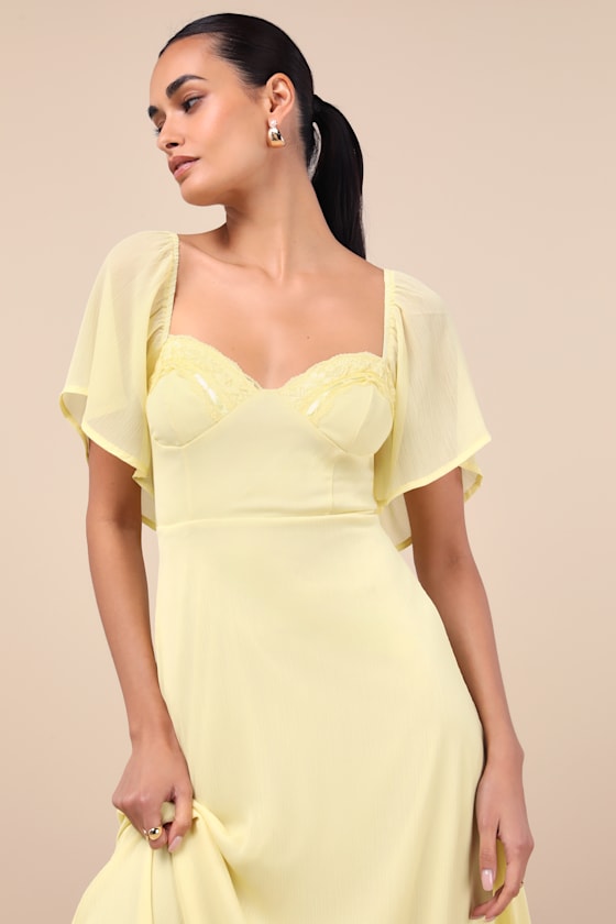 LULUS VALLA LIGHT YELLOW FLUTTER SLEEVE MIDI DRESS