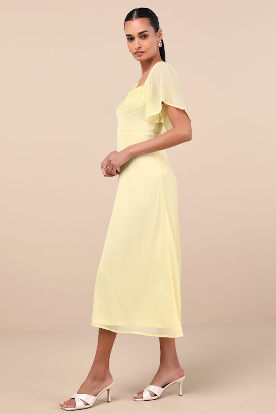 LULUS VALLA LIGHT YELLOW FLUTTER SLEEVE MIDI DRESS