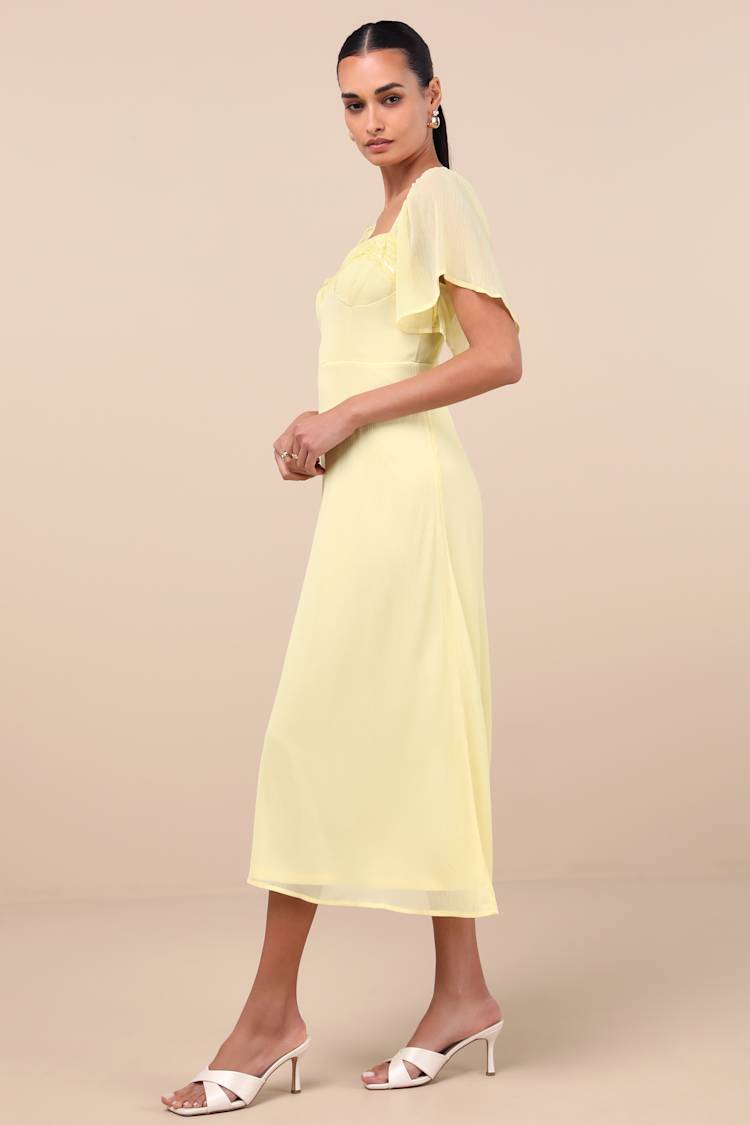 Valla Light Yellow Flutter Sleeve Midi Dress