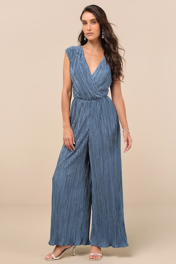 Blue Plisse Jumpsuit - Surplice Jumpsuit - Wide-Leg Jumpsuit
