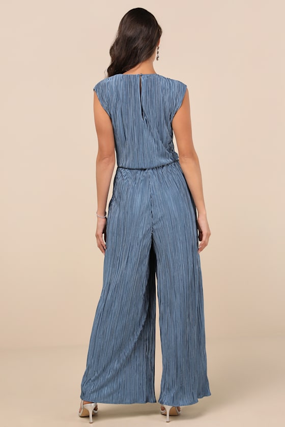 Lulus Firenze Dusty Blue Plisse Surplice Sleeveless Wide-leg Jumpsuit In Dusty Blue