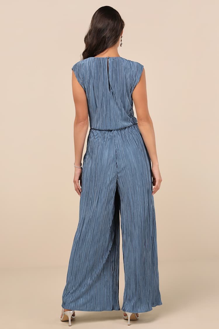 Firenze Dusty Blue Plisse Surplice Sleeveless Wide-Leg Jumpsuit