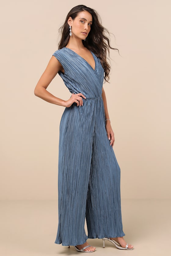 Lulus Firenze Dusty Blue Plisse Surplice Sleeveless Wide-leg Jumpsuit In Dusty Blue