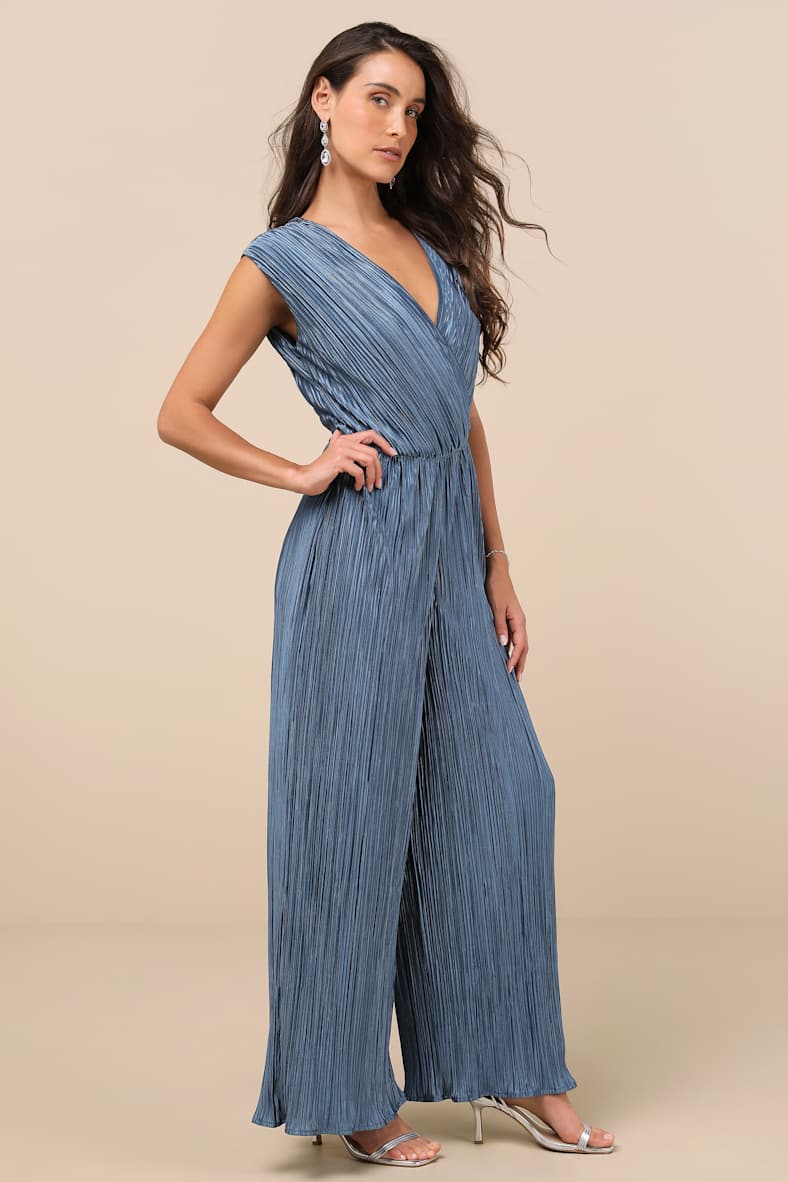 Firenze Dusty Blue Plisse Surplice Sleeveless Wide-Leg Jumpsuit