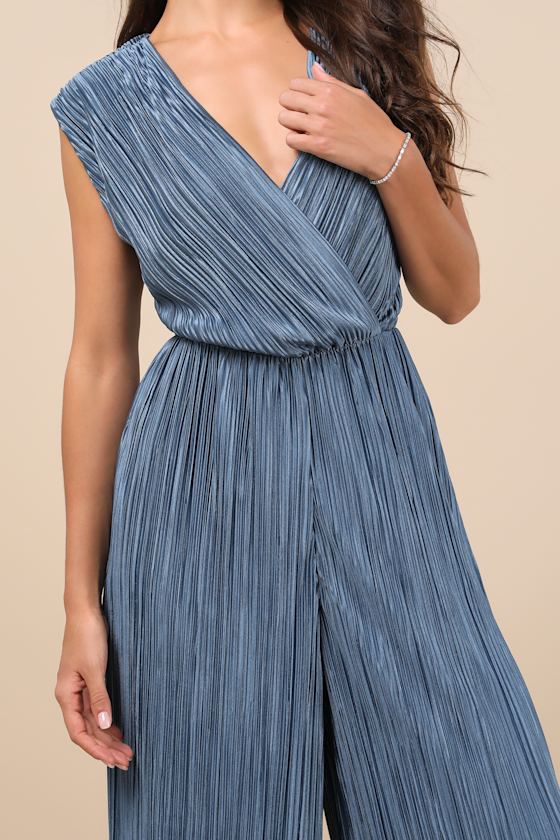 Lulus Firenze Dusty Blue Plisse Surplice Sleeveless Wide-leg Jumpsuit In Dusty Blue