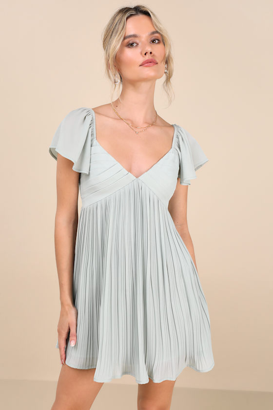 Mint Blue Mini Dress - Pleated Mini Dress - Flutter Sleeve Dress - Image 4
