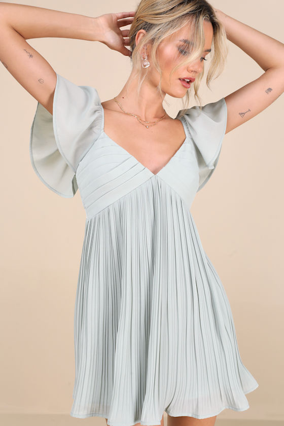 Amalfi Coast Mint Blue Pleated Flutter Sleeve Mini Dress 4