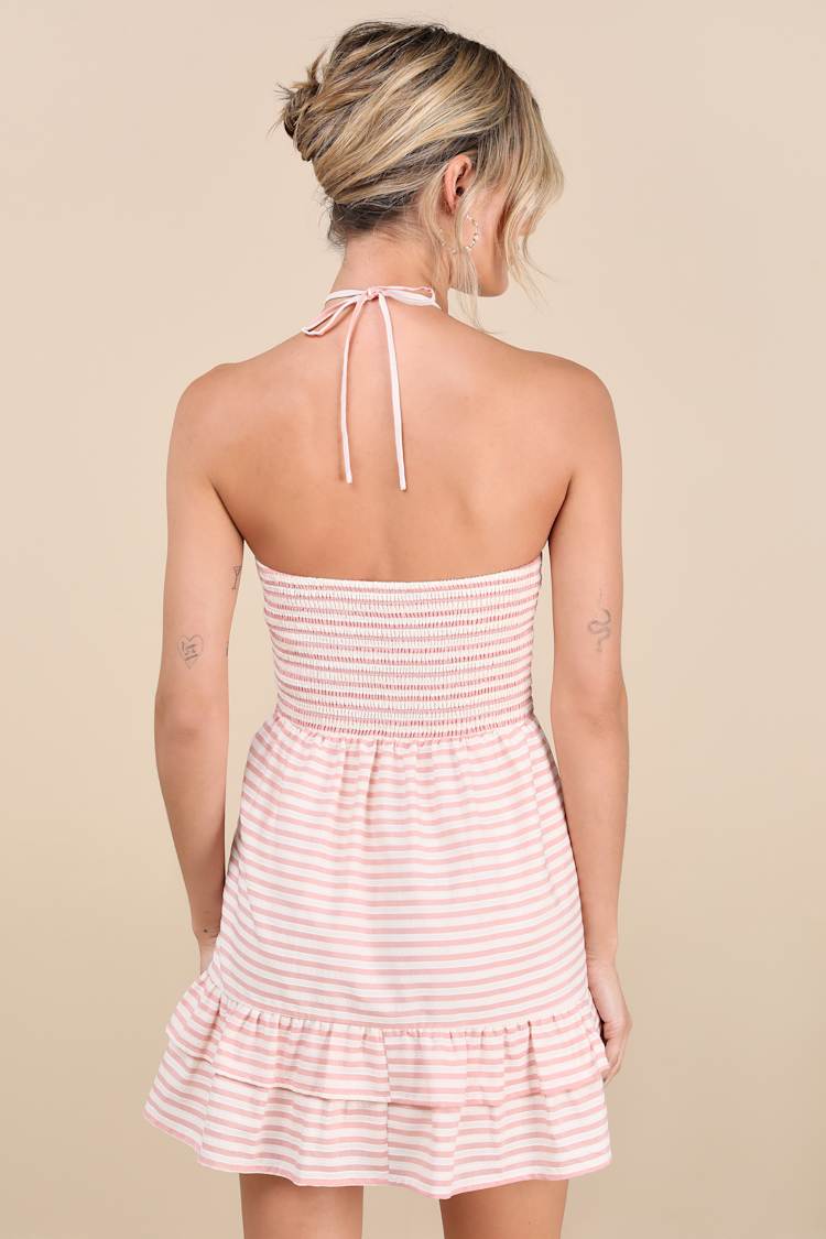 Pink and White Striped Dress - Halter Mini Dress - Ruffled Dress - Lulus