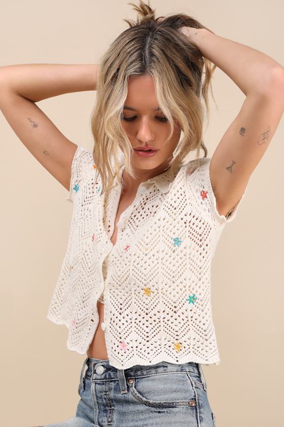Shop Lulus Arawn Ivory Floral Embroidered Pierced Knit Button-front Top