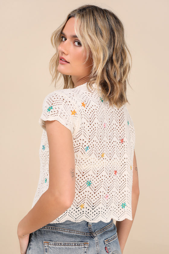 Shop Lulus Arawn Ivory Floral Embroidered Pierced Knit Button-front Top