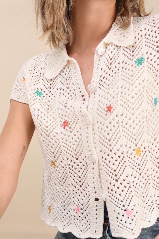 Shop Lulus Arawn Ivory Floral Embroidered Pierced Knit Button-front Top