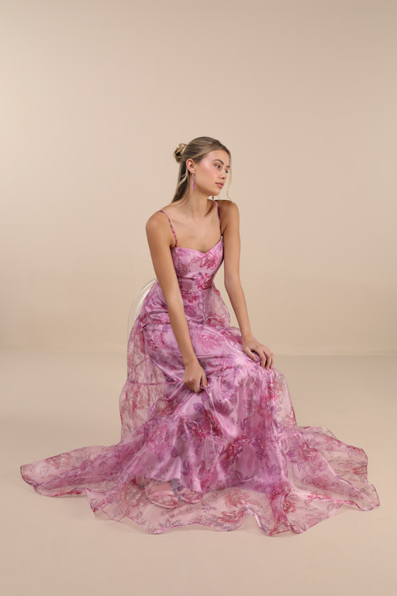 Exclusive Glamour Pink Floral Organza Tiered Maxi Dress 2