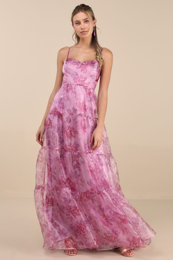 Pink Floral Dress - Tiered Maxi Dress - Sleeveless Organza