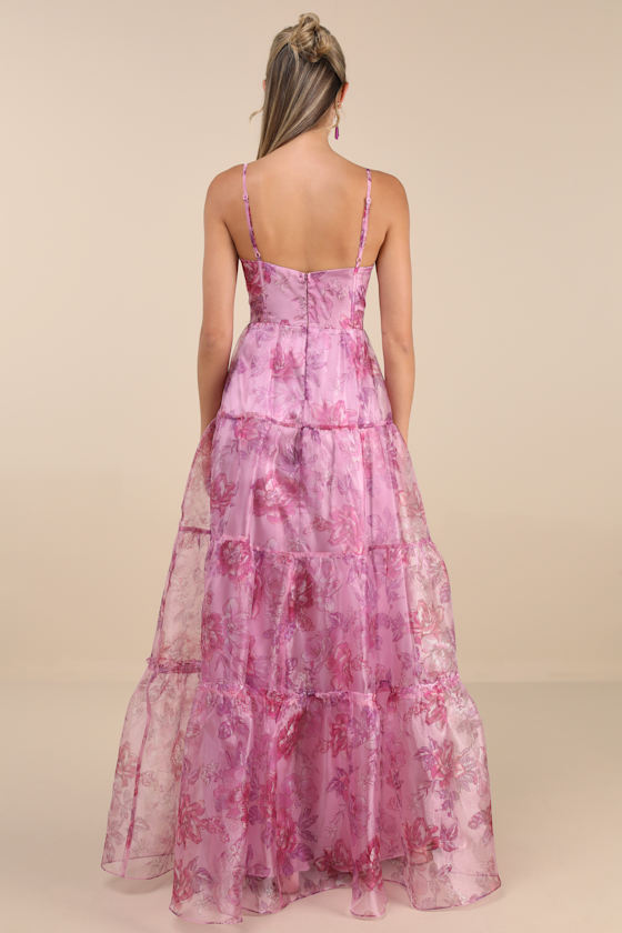 Lulus Exclusive Glamour Pink Floral Organza Tiered Maxi Dress In Pink