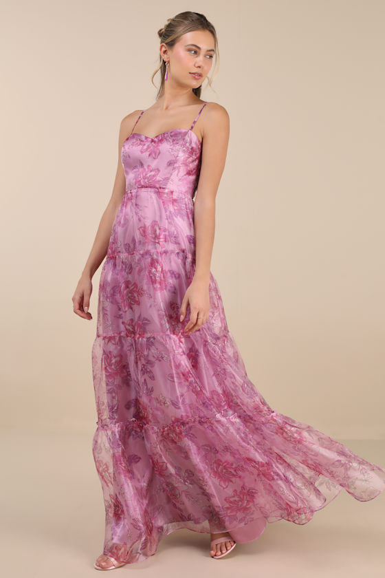 Lulus Exclusive Glamour Pink Floral Organza Tiered Maxi Dress In Pink