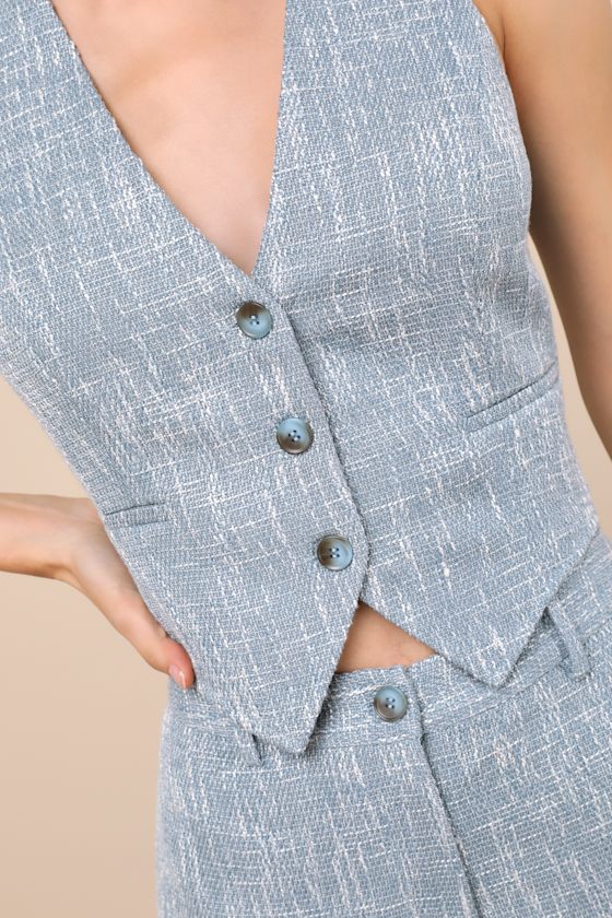 Lulus Alfonsa Light Blue Tweed Button-front Vest Top In Light Blue