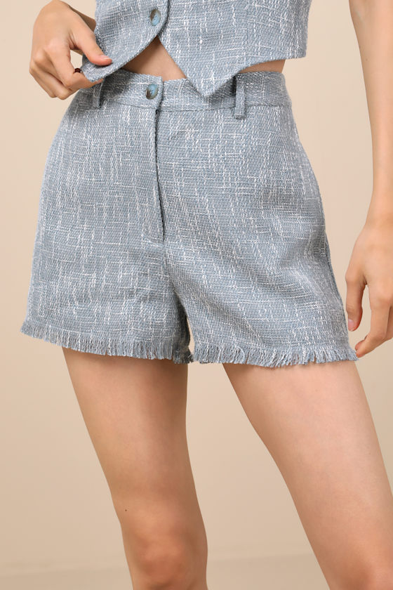 Lulus Alfonsa Light Blue Tweed Frayed High-rise Shorts In Light Blue