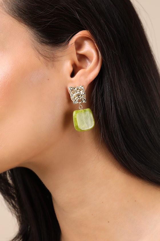 Justus Gold and Green Hammered Stone Square Drop Earrings 5