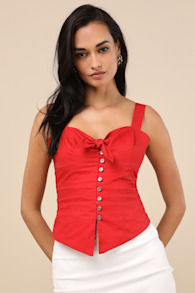 Earlene Red Tie-Front Button-Up Tank Top 2