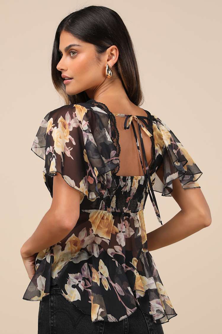 Elisae Black Floral Lace Pleated Flutter Sleeve Top