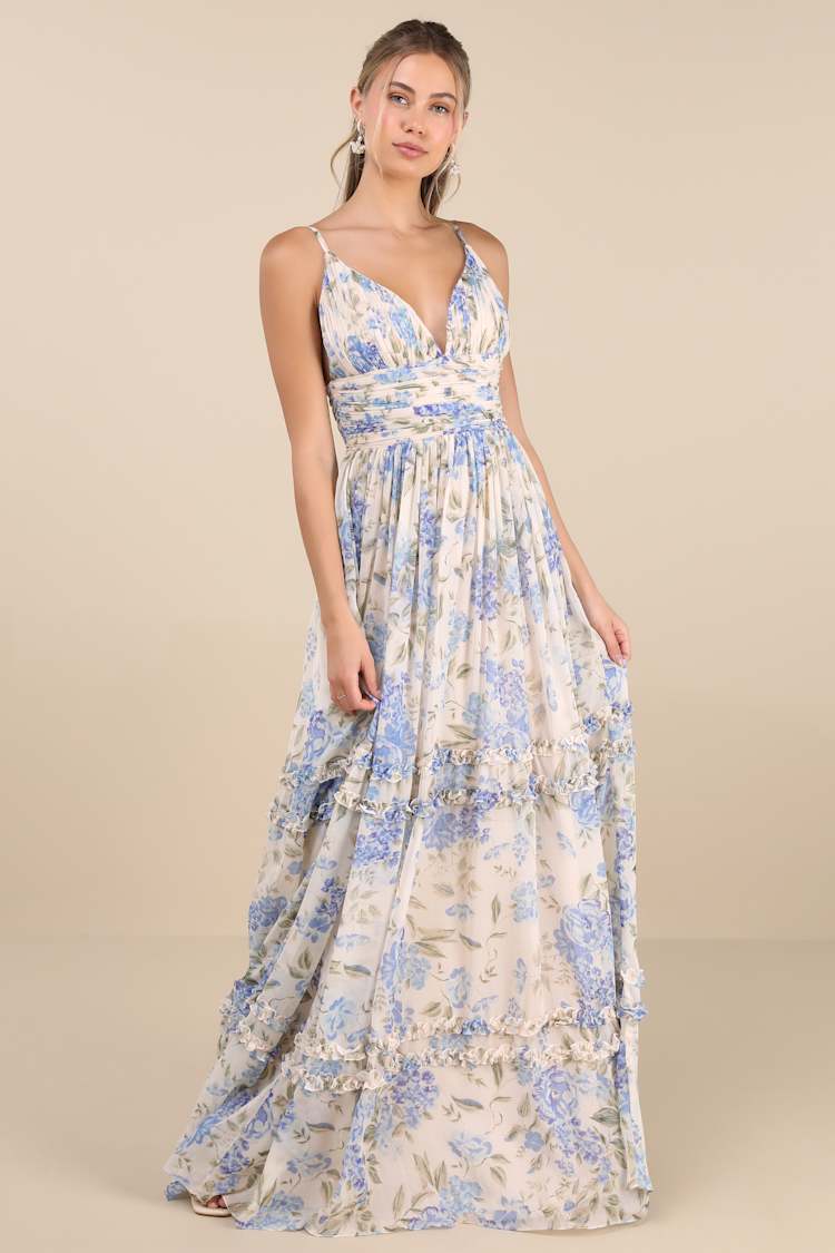Niora Beige and Blue Floral Pleated Maxi Dress