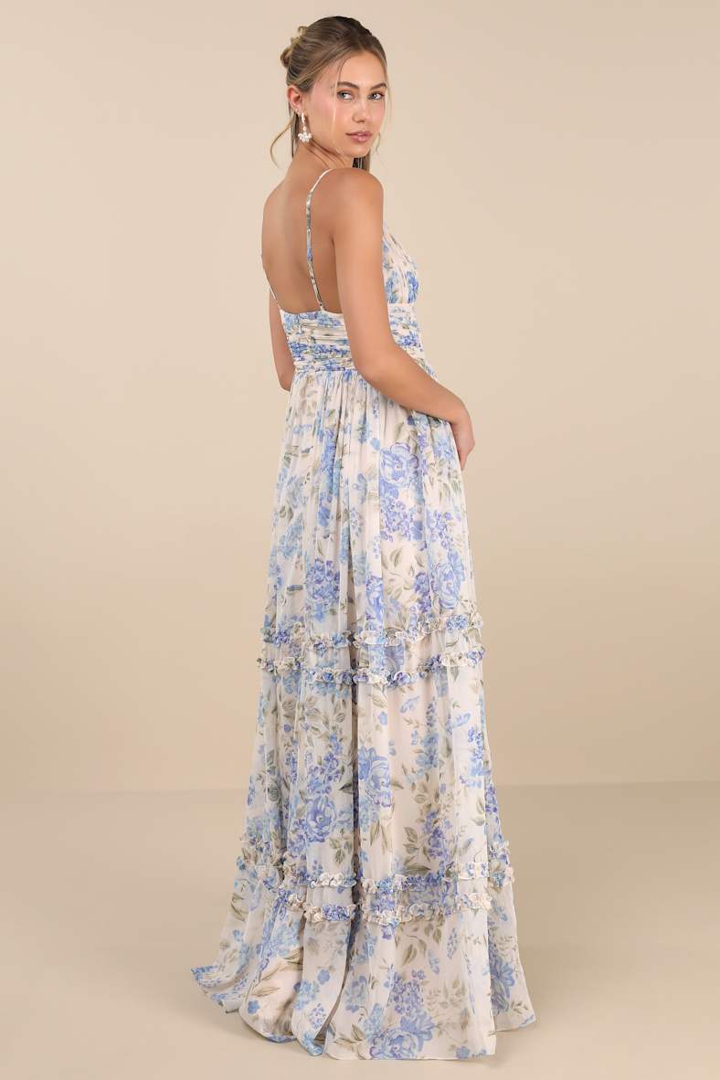 Niora Beige and Blue Floral Pleated Maxi Dress