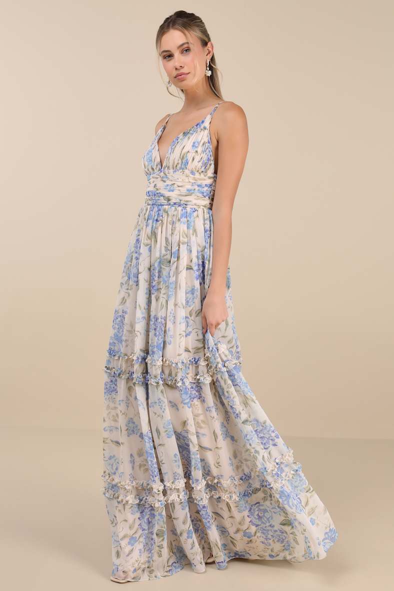 Niora Beige and Blue Floral Pleated Maxi Dress