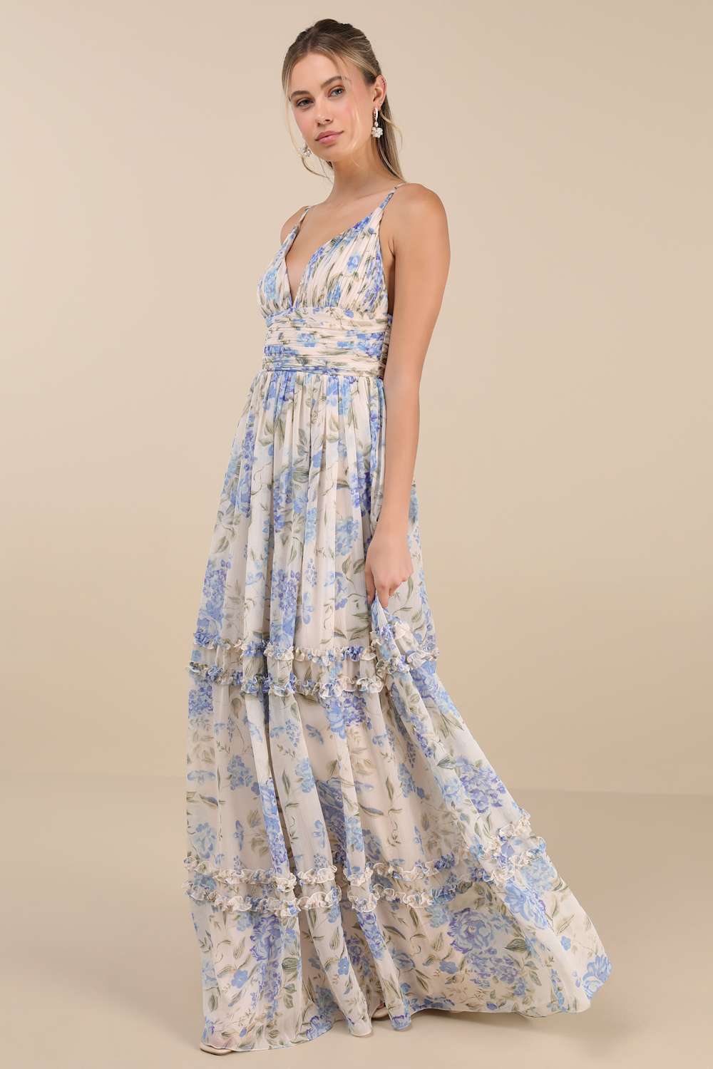 Niora Beige and Blue Floral Pleated Maxi Dress