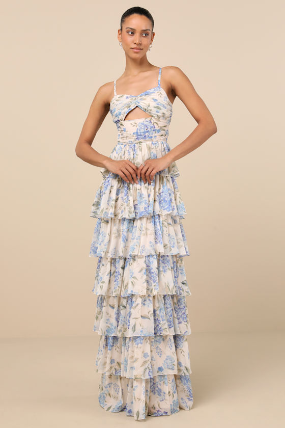 Image of Arata Beige and Blue Floral Cutout Tiered Maxi Dress