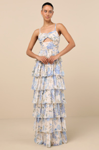 Arata Beige and Blue Floral Cutout Tiered Maxi Dress